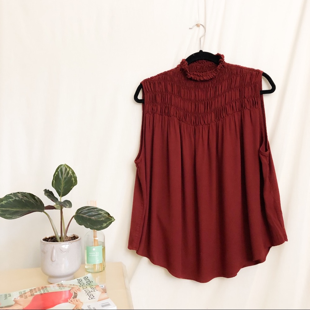 Frame Smocked Mock Neck Burgundy Top SIZE LARGE